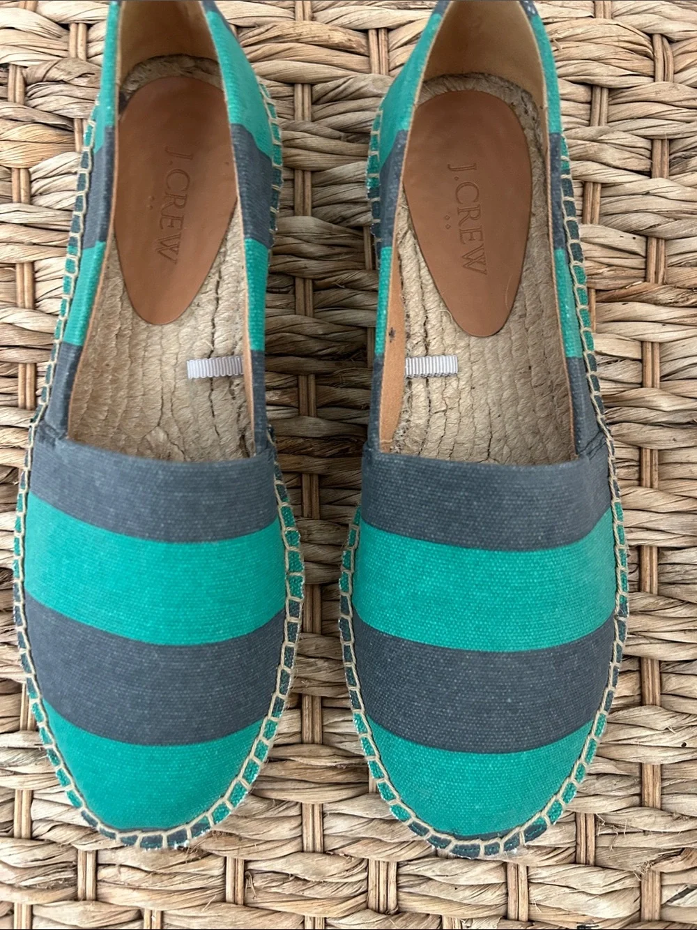 J. Crew Striped Green and Navy Canvas Espadrilles